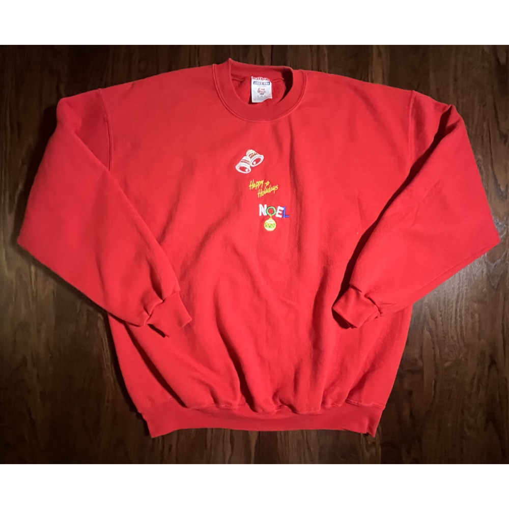 Vintage Red Christmas Sweatshirt Crewneck Bells Noel Happy Holidays Size XL